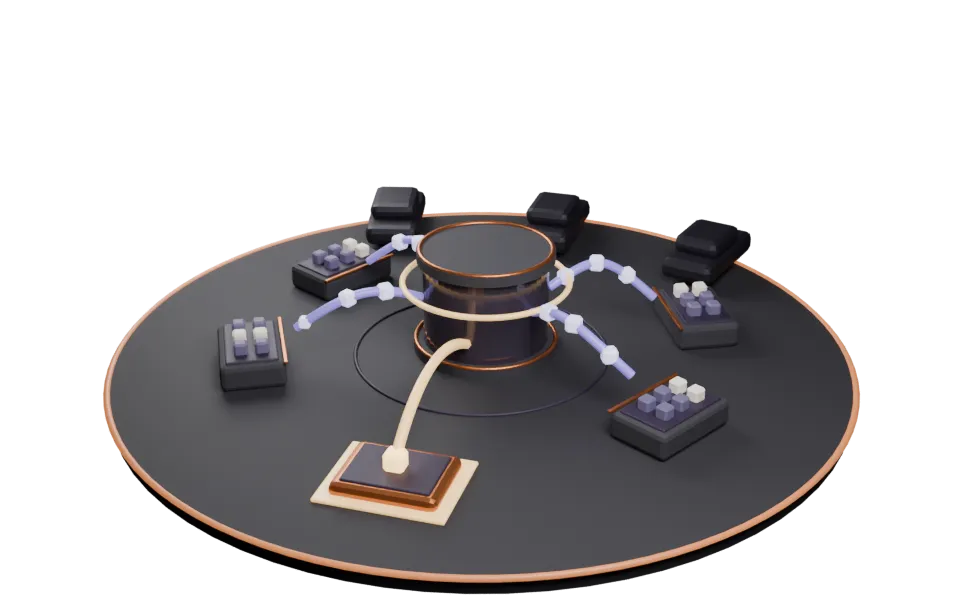 A dark round night desk: four graphite trays of dormant lead cubes feed small glowing violet cubes along curved rails into a smoked glass signal core, and one warm amber cube leaves the core along a single rail to a copper handoff pad at the front, with plain unbranded vehicle blocks parked at the back